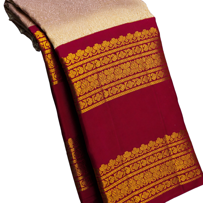 Kanchipuram Silk Cream Saree with Silver Zari Animals Body and Vintage Gap Border