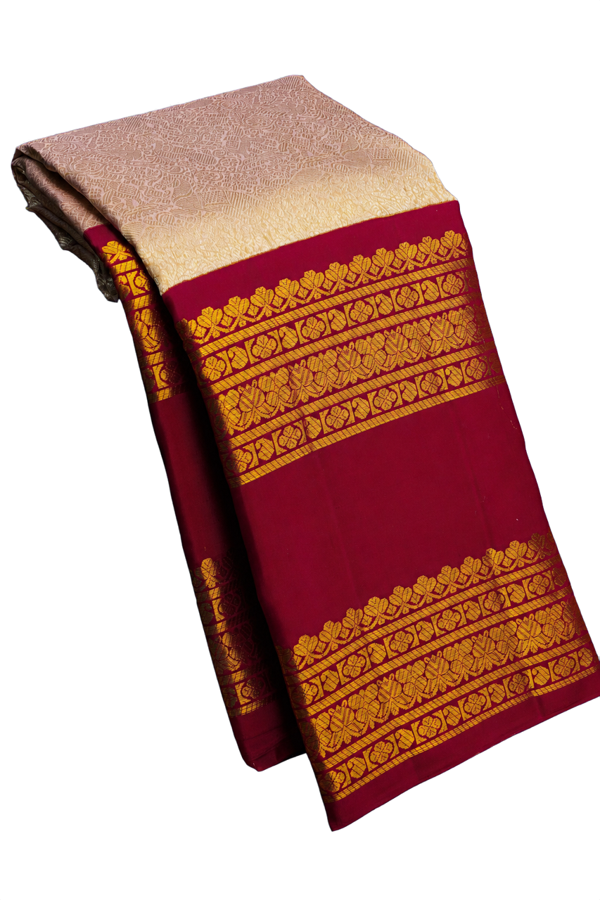Kanchipuram Silk Cream Saree with Silver Zari Animals Body and Vintage Gap Border