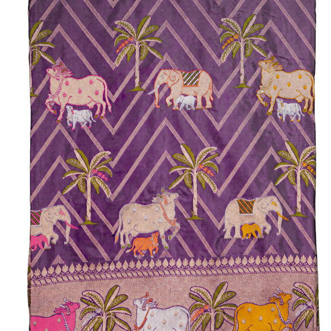 Banarasi Silk Purple Saree with Floral and Cow Motif Border