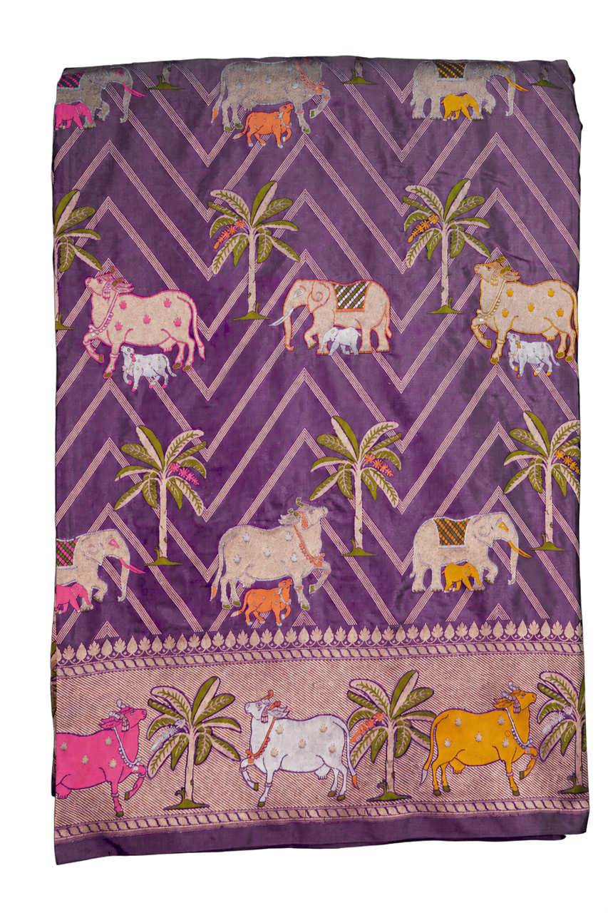 Banarasi Silk Purple Saree with Floral and Cow Motif Border