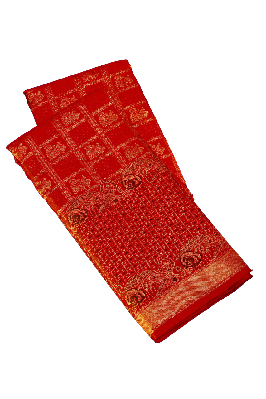 Kanchipuram Silk Bridal Red Saree with Peacock Buttis in Checks Body Meenakari Border