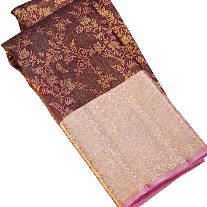 Kanchipuram Silk Brown Saree with Mat Finishing Zari Jaal Pastel Border