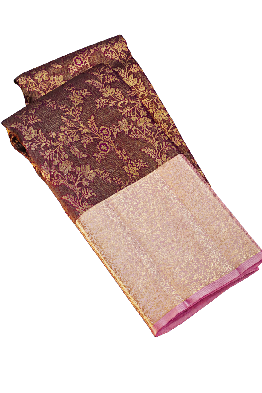 Kanchipuram Silk Brown Saree with Mat Finishing Zari Jaal Pastel Border