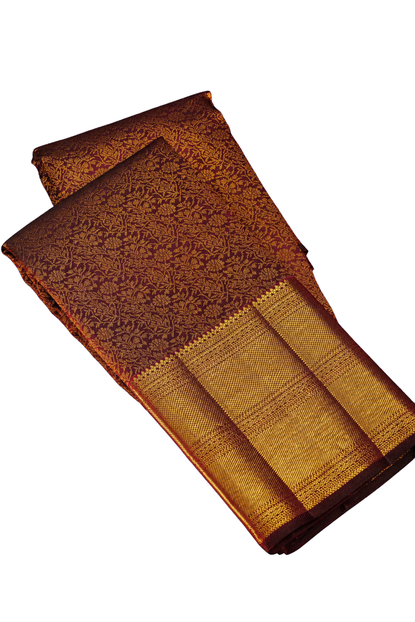 Kanchipuram Silk Dark Wine Saree with Diamonds and Cross Lines in Zari Border