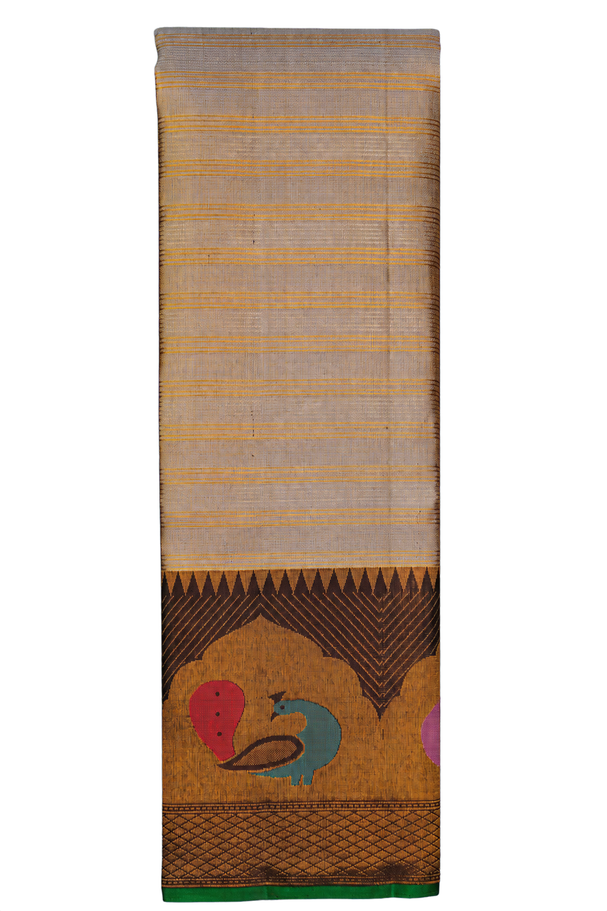 Kanchipuram Silk Grey Saree with Multi Colour Peacocks Border
