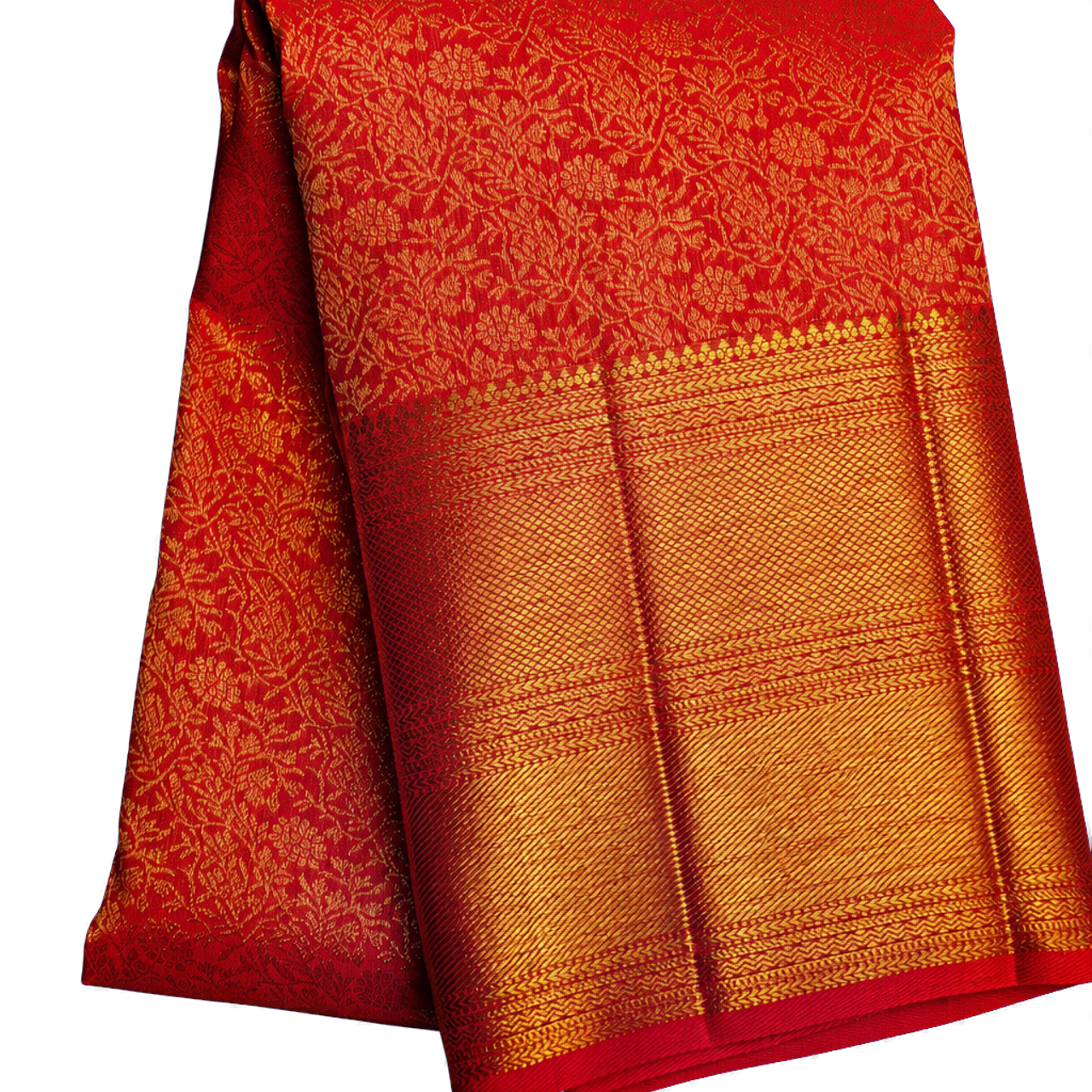 Kanchipuram Silk Red Saree with All Over Floral Body Bridal Border