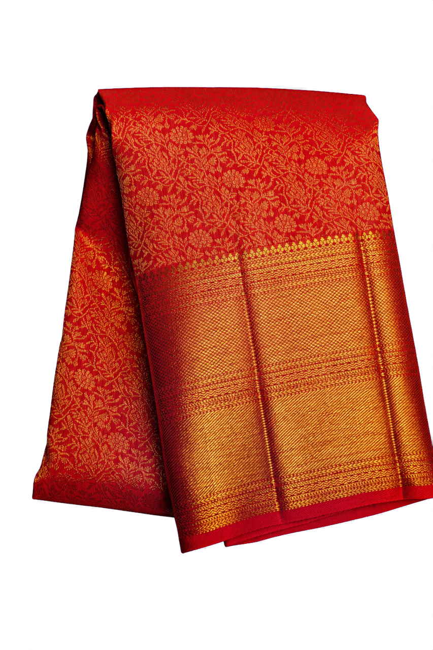 Kanchipuram Silk Red Saree with All Over Floral Body Bridal Border