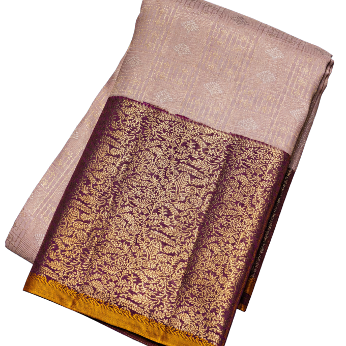 Kanchipuram Silk Lavender Saree with Gold and Silver Zari Checks and Contrast Border