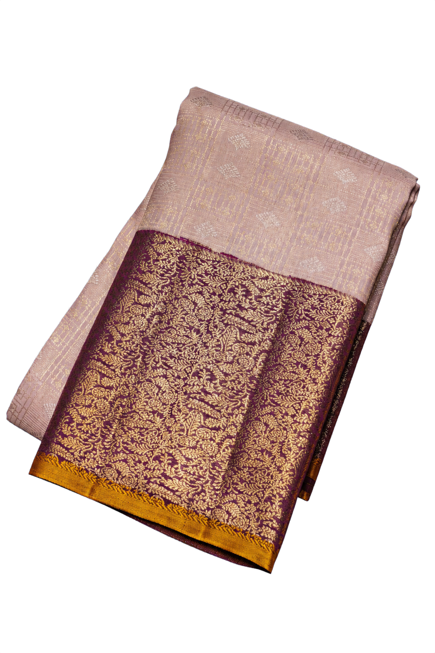 Kanchipuram Silk Lavender Saree with Gold and Silver Zari Checks and Contrast Border