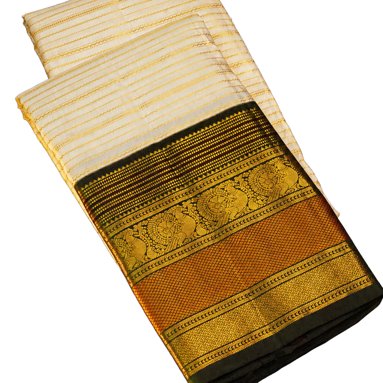 Kanchipuram Silk White Saree with Gold Zari Lines Body
