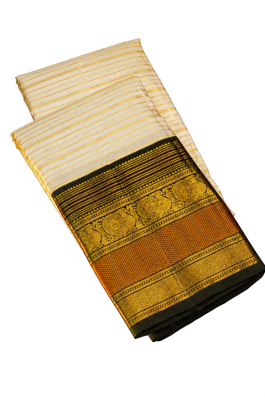 Kanchipuram Silk White Saree with Gold Zari Lines Body