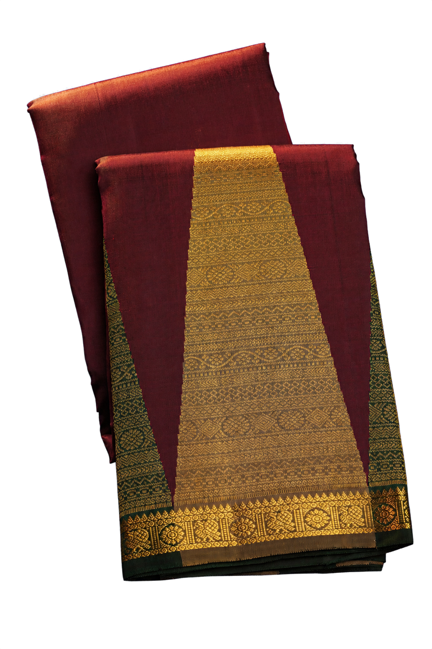 Kanchipuram Silk Wine Saree with Large Temple Motifs and Traditional Zari Border