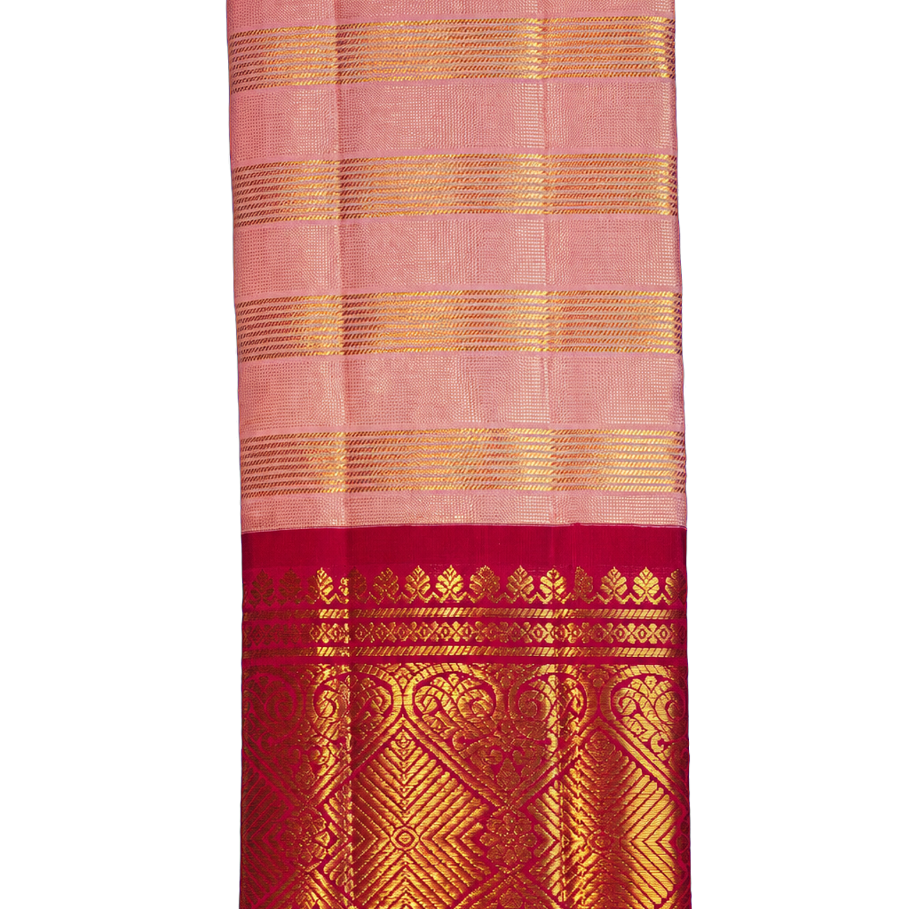Vintage Kanchipuram Silk Light Pink Saree with Magenta Contrast Geometric Zari Border & Gold Striped Checked Body Design