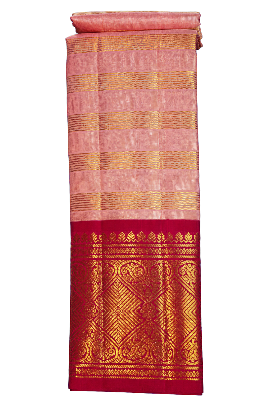 Vintage Kanchipuram Silk Light Pink Saree with Magenta Contrast Geometric Zari Border & Gold Striped Checked Body Design
