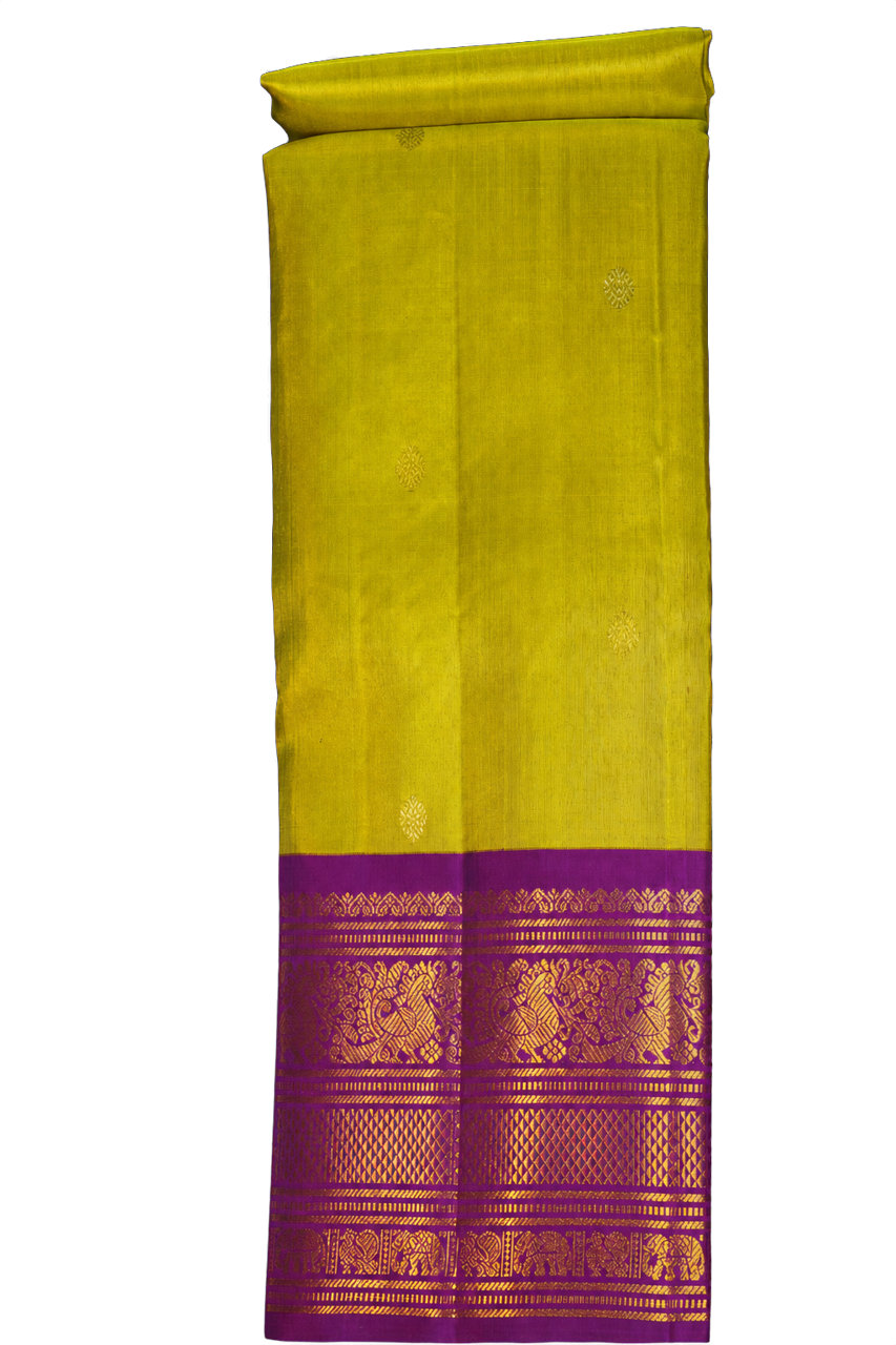 Vintage Kanchipuram Silk Parrot Green Saree with Contrast Peacock Zari Border