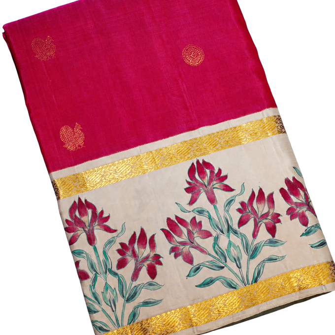 Gadwal Silk Magenta Saree with Hand-Painted Border