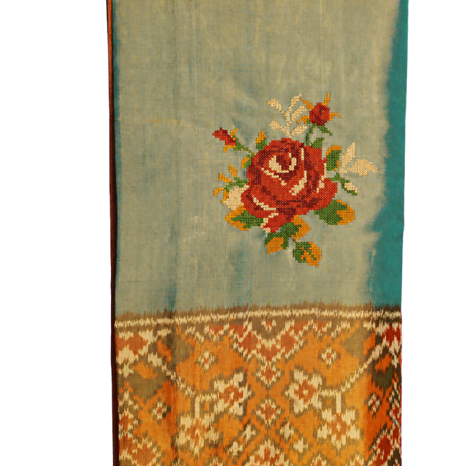 Fusion Silk Ice Blue Ikat Patola Zari Border Saree