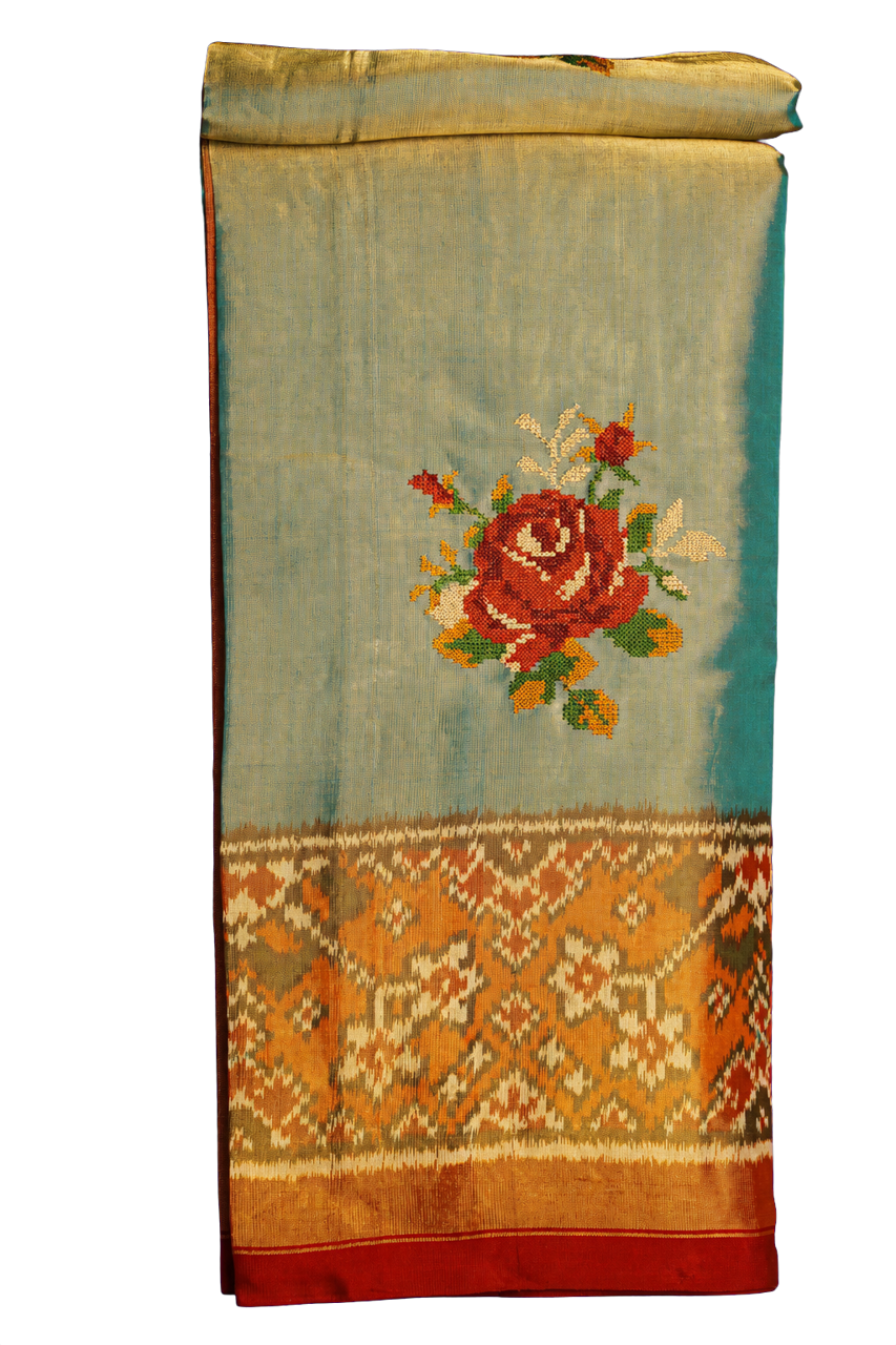 Fusion Silk Ice Blue Ikat Patola Zari Border Saree