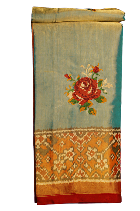 Fusion Silk Ice Blue Ikat Patola Zari Border Saree