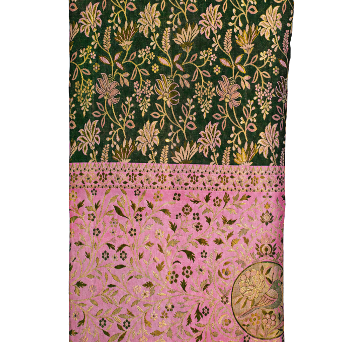 Semi Kanchipuram Silk Bottle Green Saree with All Over Bridal Meenakari