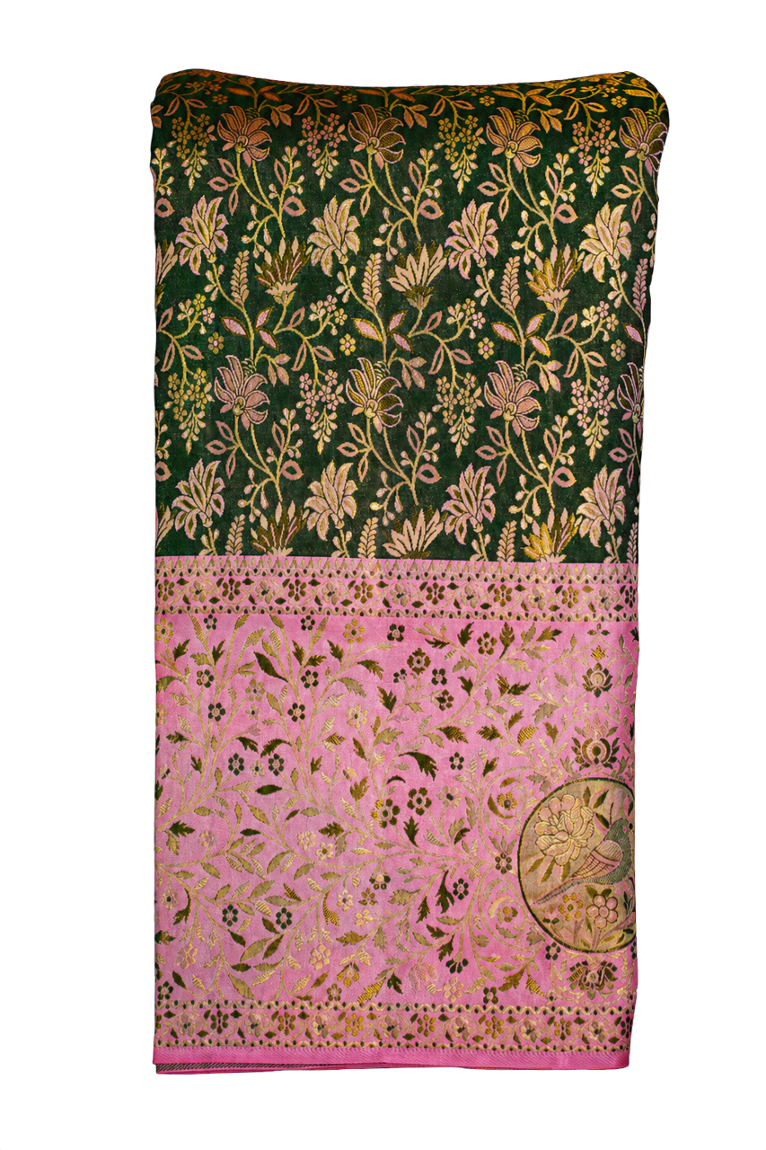 Semi Kanchipuram Silk Bottle Green Saree with All Over Bridal Meenakari