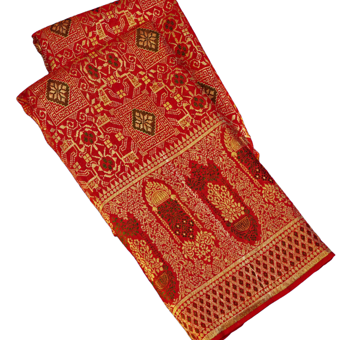 Kanchipuram Silk Bridal Red Saree with Self Florals and Meenakari Body