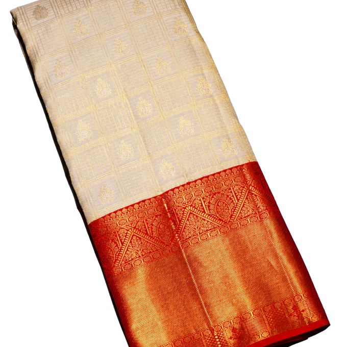 Kanchipuram Silk Off White Saree Zari Checks Body
