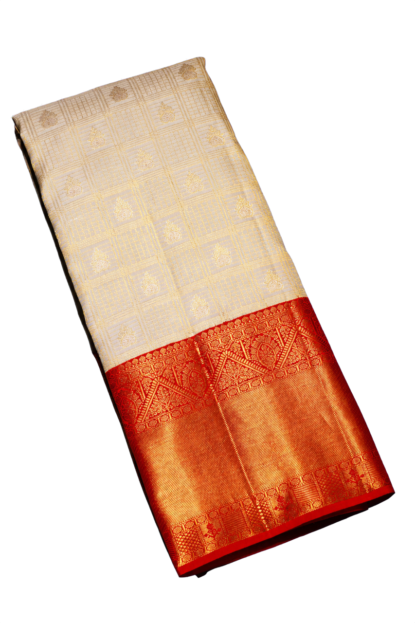 Kanchipuram Silk Off White Saree Zari Checks Body