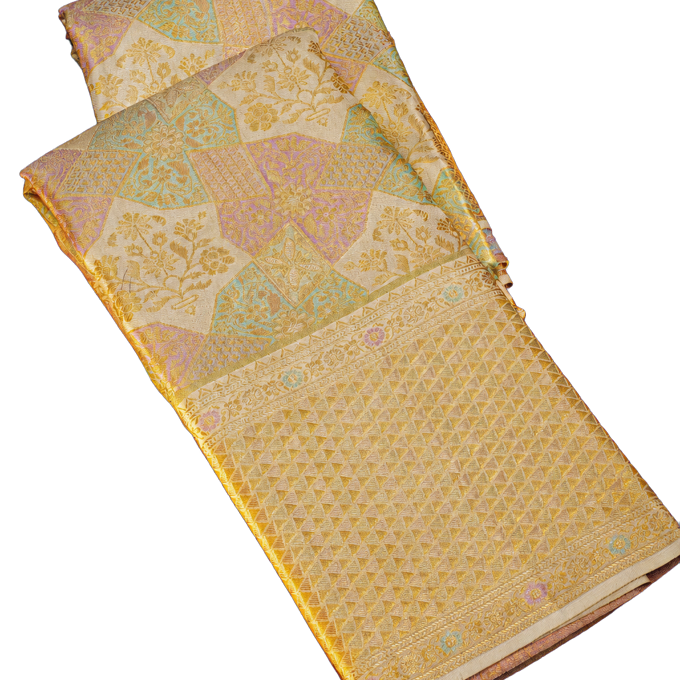 Kanchipuram Silk Off White Saree with Triangle-Shaped Gold Zari Border