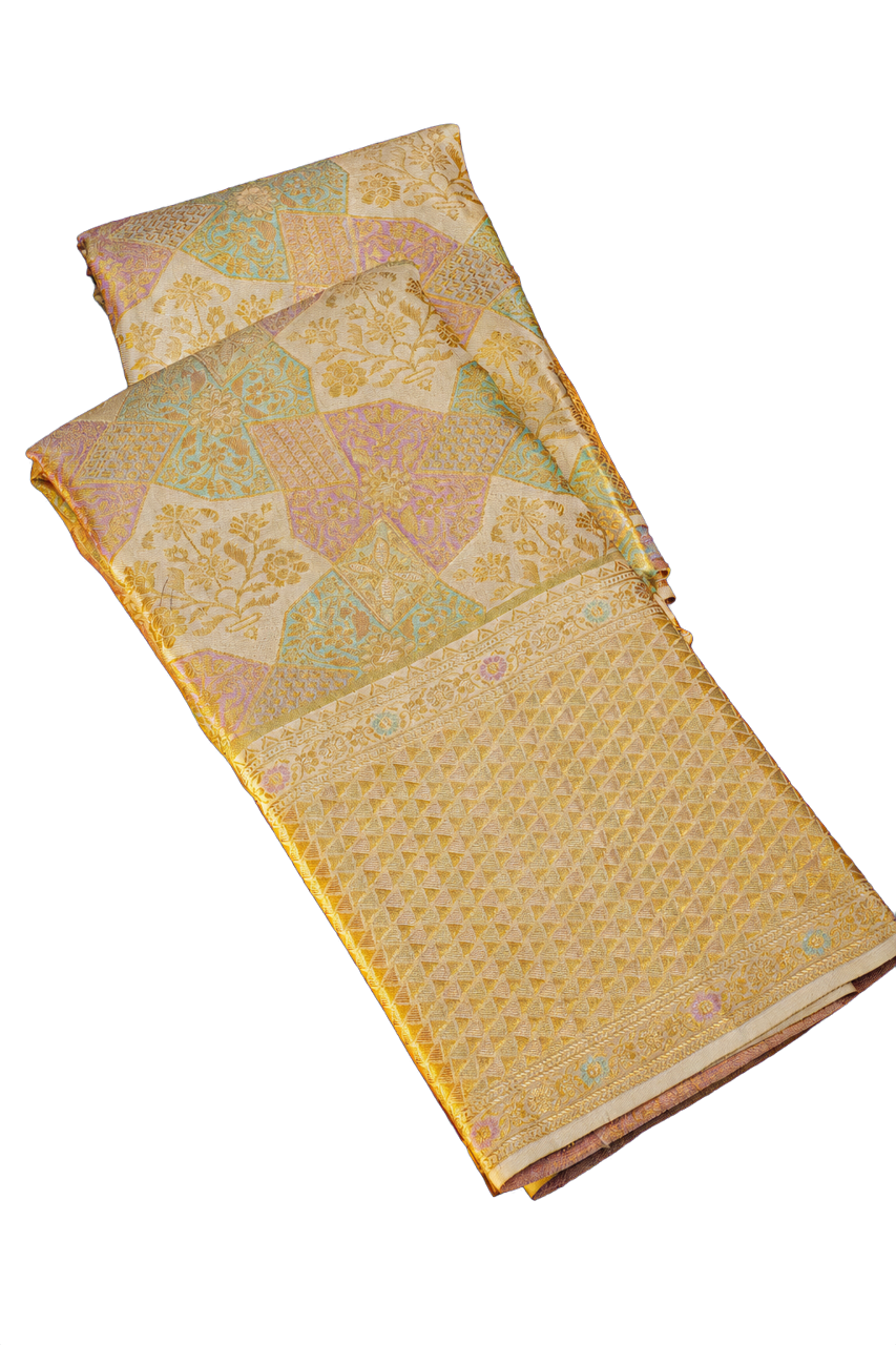 Kanchipuram Silk Off White Saree with Triangle-Shaped Gold Zari Border