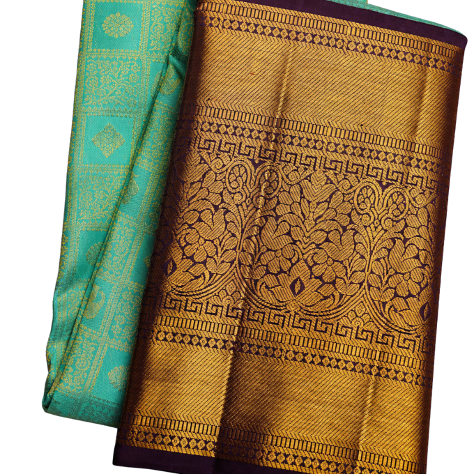 Kanchipuram Silk Sea Green Saree with Florals and Leaves Jaal Border