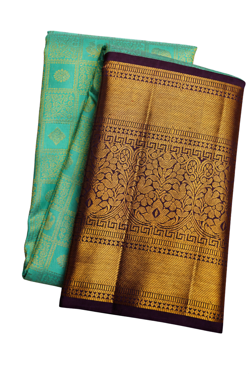 Kanchipuram Silk Sea Green Saree with Florals and Leaves Jaal Border