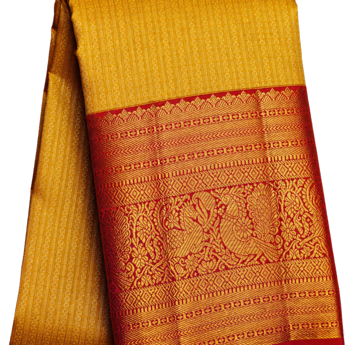 Kanchipuram Silk Yellow Saree with Zig Zag Lines Body Traditional Contrast Border