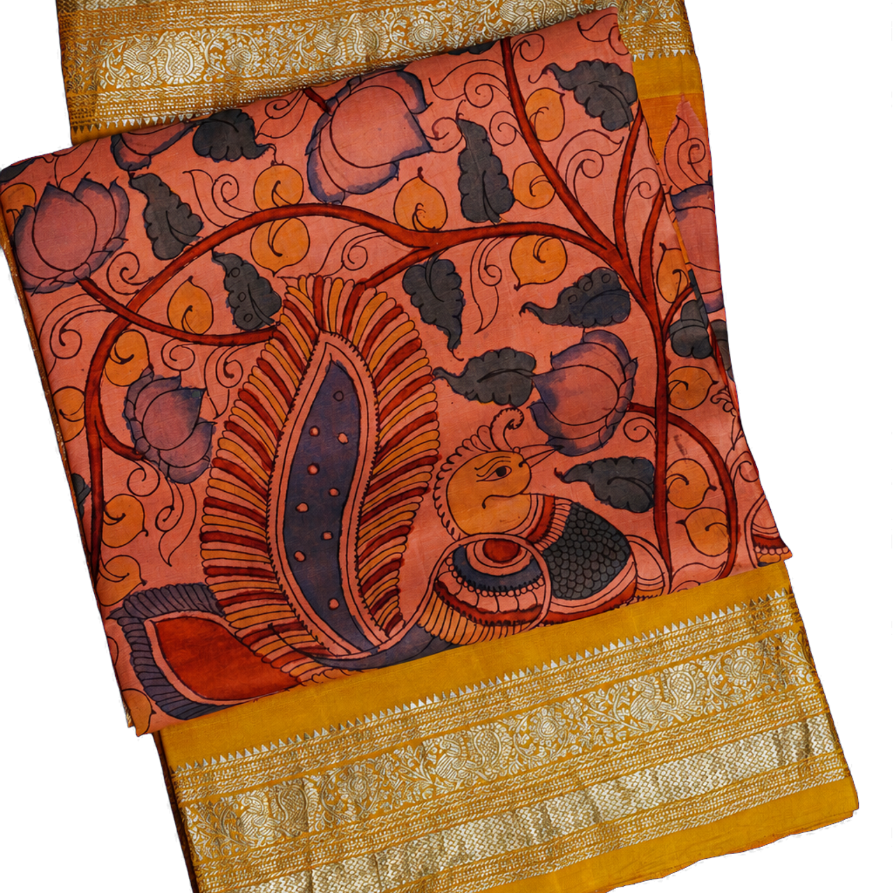 Kalamkari Silk Pink Saree with Hand Painted Peacocks