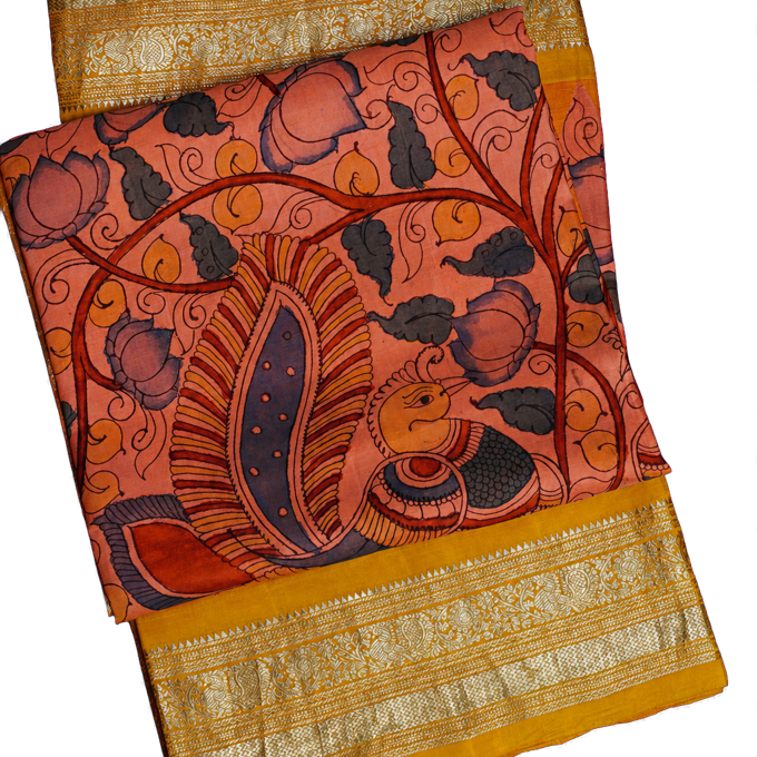 Kalamkari Silk Pink Saree with Hand Painted Peacocks