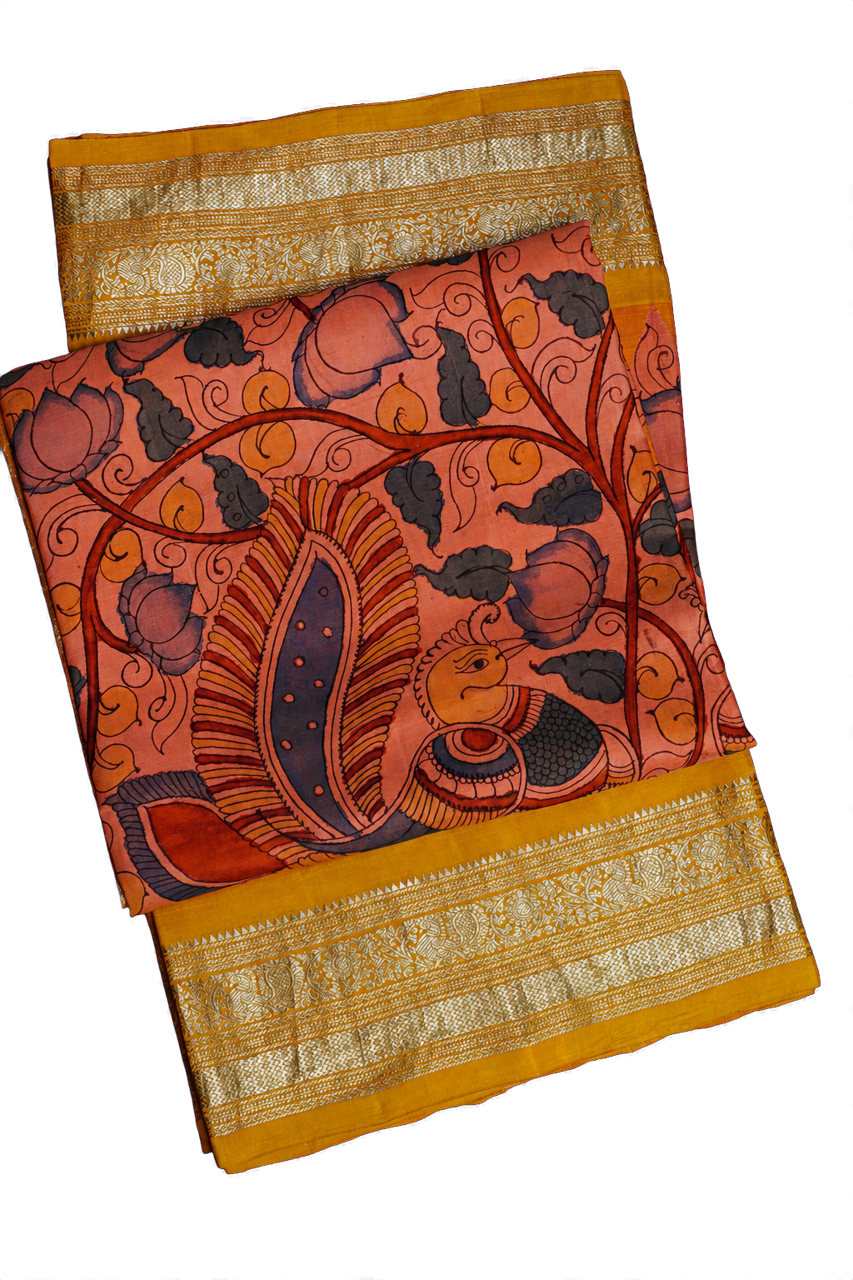 Kalamkari Silk Pink Saree with Hand Painted Peacocks