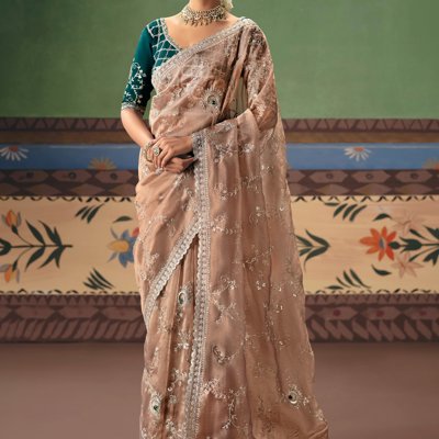 Almond Brown Embroidered Designer Saree