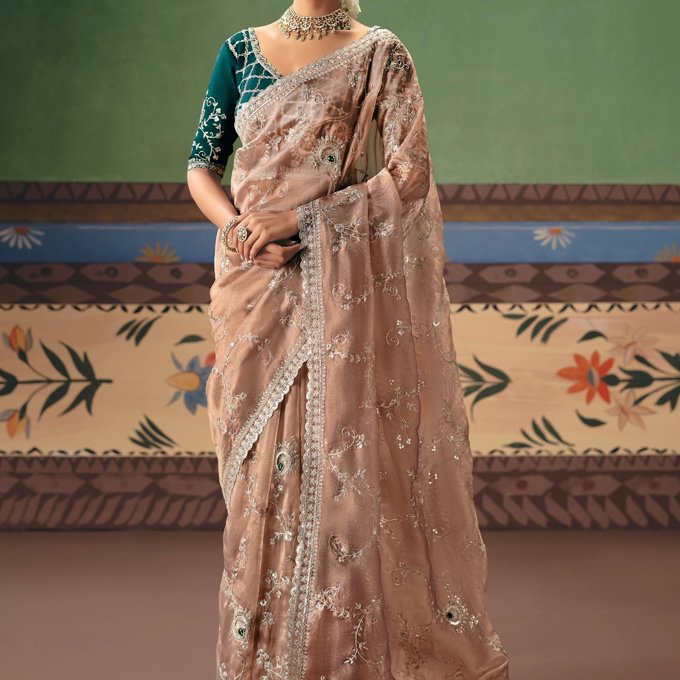 Almond Brown Embroidered Designer Saree