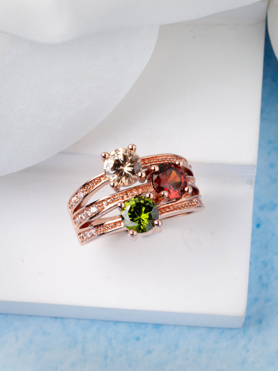 Scintillare by Sukkhi Elegant Stylish Rose Gold Plated with Multicolor Crystals Stones Studded Finger Ring for Women & Girls