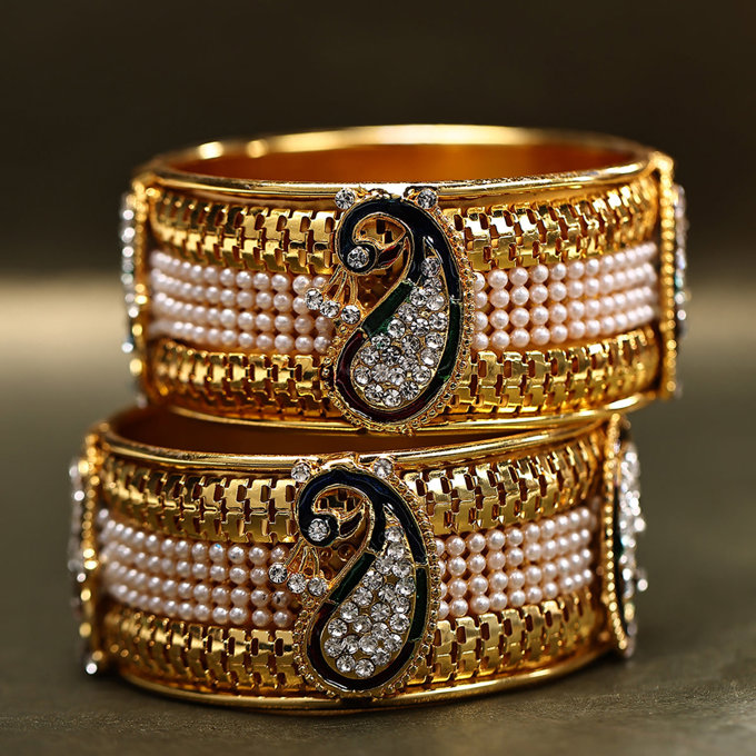 Sukkhi Stylish Pearl Gold Plated Peacock Meenakari Bangles Set of 2 for Women