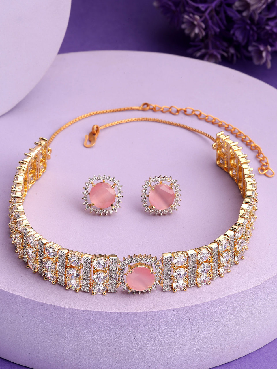 Sukkhi Attractive Pink Gold Plated Cubic Zirconia Studded Brass Choker Necklace with Studs Earrings Jewellery Set for Women