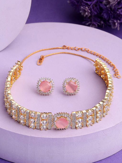 Sukkhi Attractive Pink Gold Plated Cubic Zirconia Studded Brass Choker Necklace with Studs Earrings Jewellery Set for Women