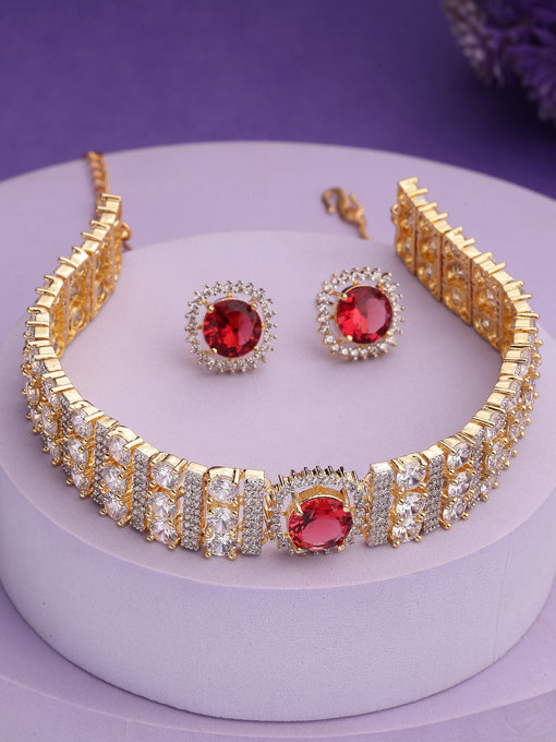 Sukkhi Radiant Red Gold Plated Cubic Zirconia Studded Brass Choker Necklace with Studs Earrings Jewellery Set for Women