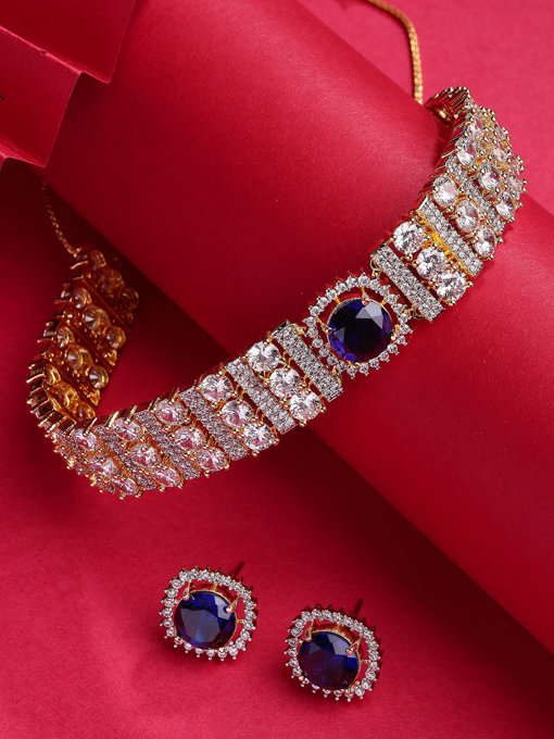 Sukkhi Lavish Gold Plated Cubic Zirconia Studded Blue Brass Choker Necklace with Studs Earrings Jewellery Set for Women
