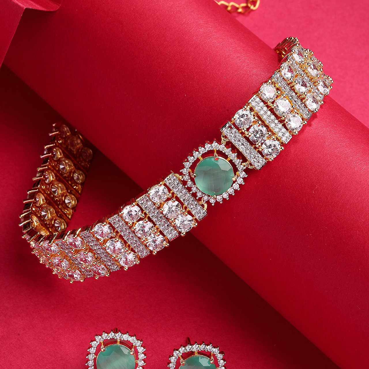 Sukkhi Glamorous Gold Plated Cubic Zirconia Studded Mint Green Brass Choker Necklace with Studs Earrings Jewellery Set for Women