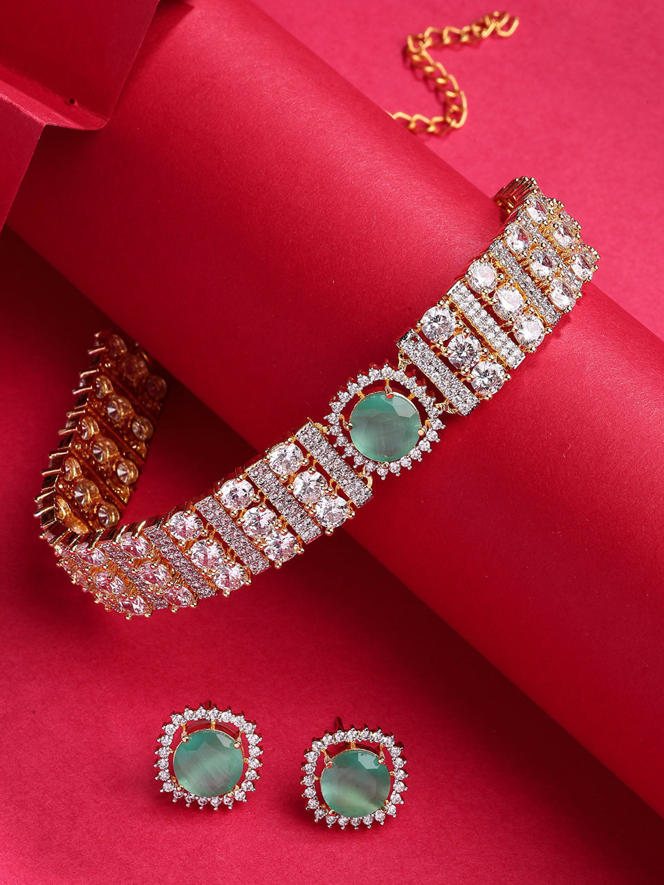 Sukkhi Glamorous Gold Plated Cubic Zirconia Studded Mint Green Brass Choker Necklace with Studs Earrings Jewellery Set for Women