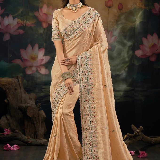 Almond Cream Embroidered Designer Saree