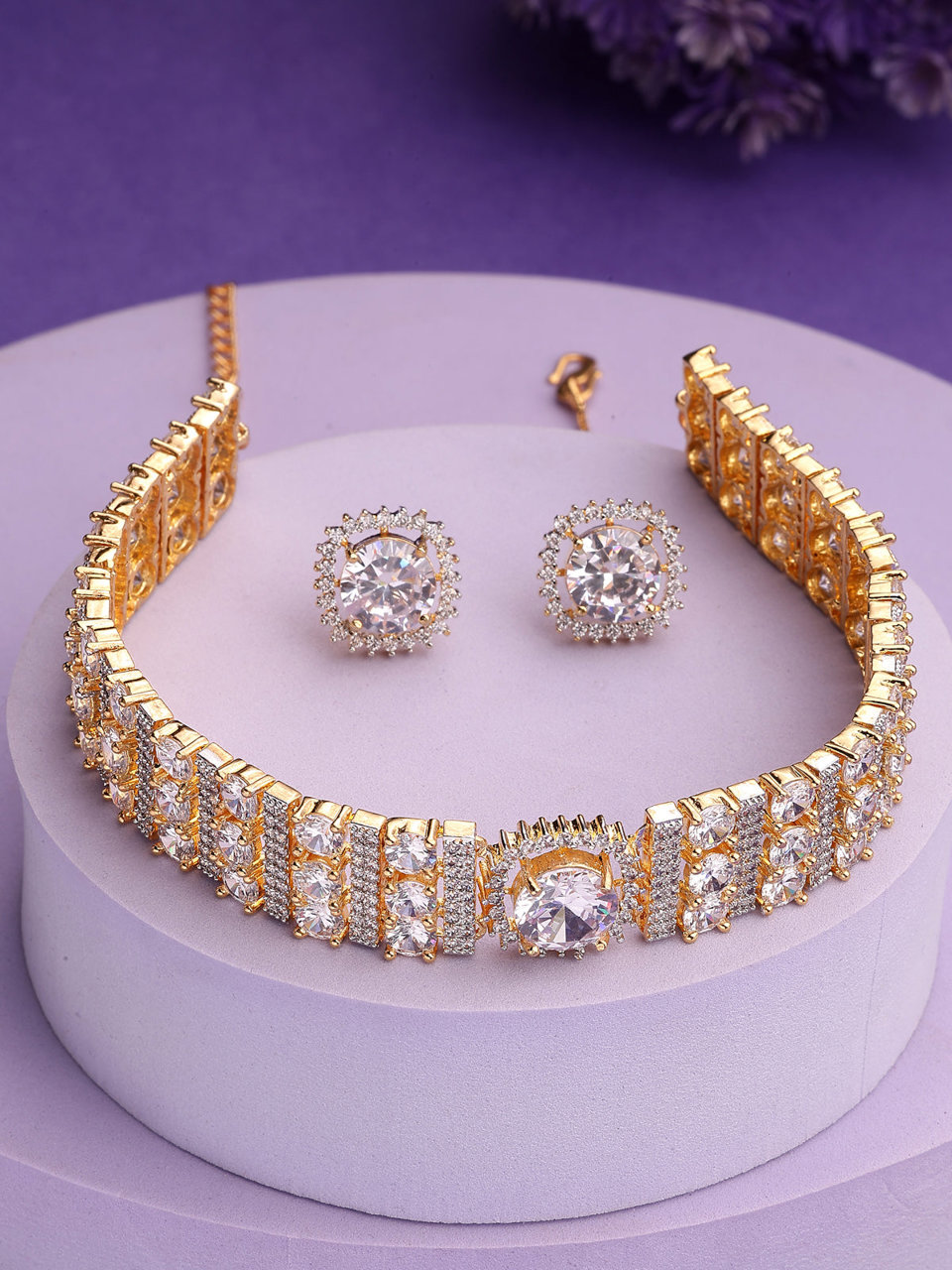 Sukkhi Attractive Gold Plated Cubic Zirconia Studded White Brass Choker Necklace with Studs Earrings Jewellery Set for Women