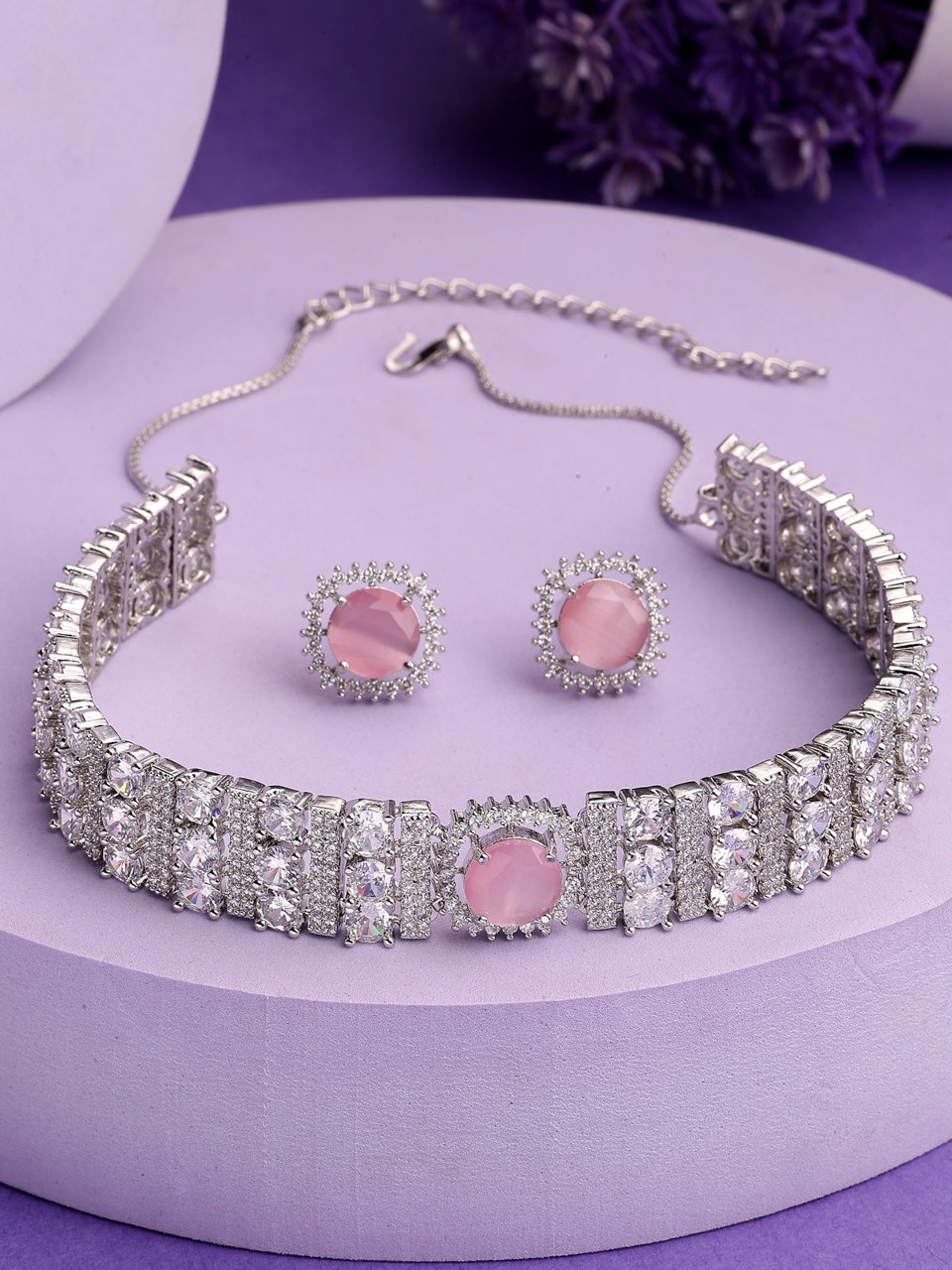 Sukkhi Elegant Stylish Rhodium Plated Cubic Zirconia Studded Brass Pink Choker Necklace with Studs Earrings Jewellery Set for Women