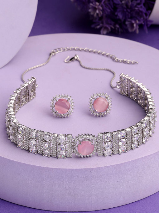 Sukkhi Elegant Stylish Rhodium Plated Cubic Zirconia Studded Brass Pink Choker Necklace with Studs Earrings Jewellery Set for Women